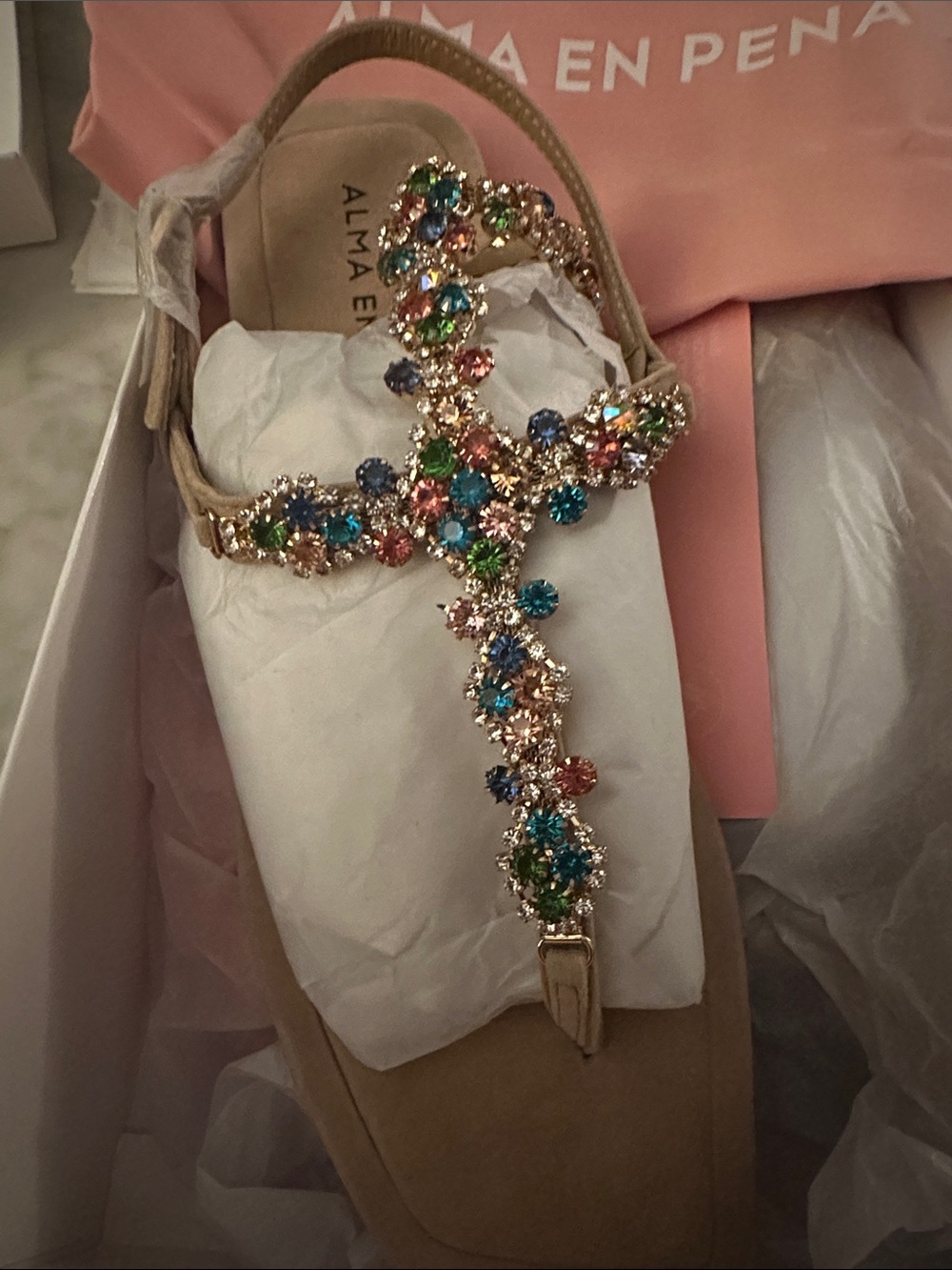 Beige Sandal with Multicolor Jeweled T-Strap
